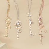 Close-up of engraved name on silver birthday flower pendant necklace